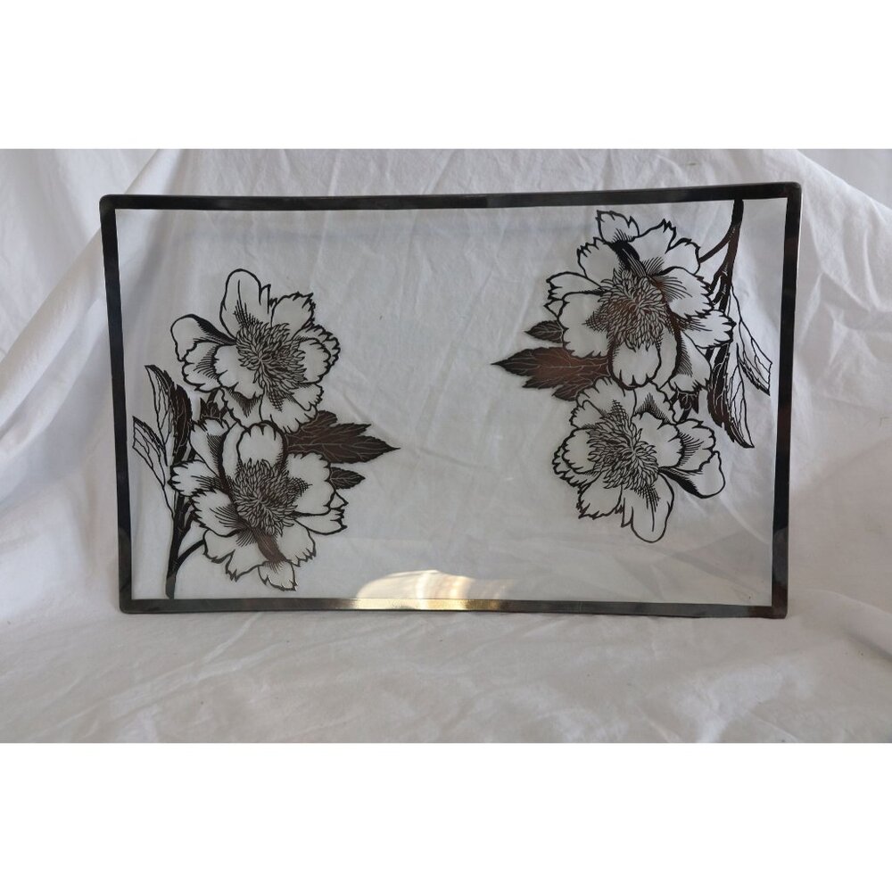 Vintage 1950's Gold Leaf Glass Floral Serving Tray With Gold Rim Rectangle Shape